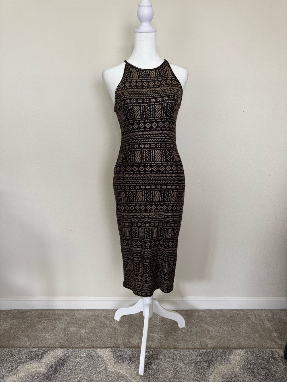 Lovely Day Black and Tan Patterned Midi Halter Dress